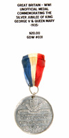 WWI Unofficial Medal Commemorating the Silver Jubilee of King George V and Queen Mary, 1935 Reverse
