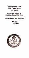 Silver War Badge #'d 223013 (Named to Pte. John Chalcroft) Obverse