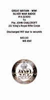 Silver War Badge #'d 223013 (Named to Pte. John Chalcroft) Reverse