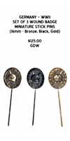 Set of 3 Wound Badge Miniature Stick Pins, 16mm Bronze, Black, Gold